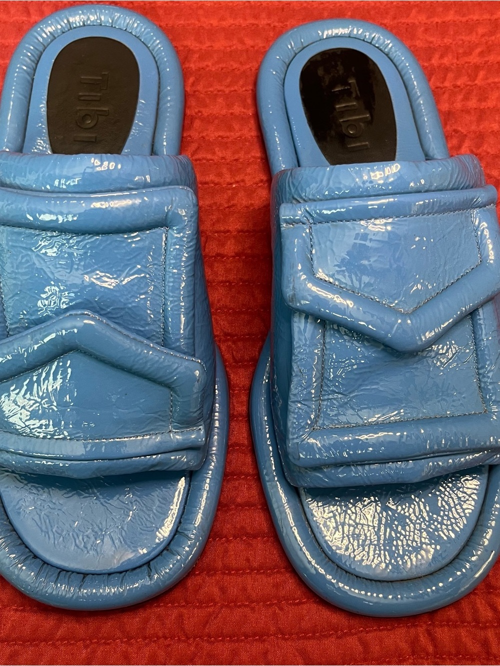 Tibi Beryen Naplack Blue Crinkled Patent Leather Padded Slide Sandals - US 9 - Picture 2 of 9